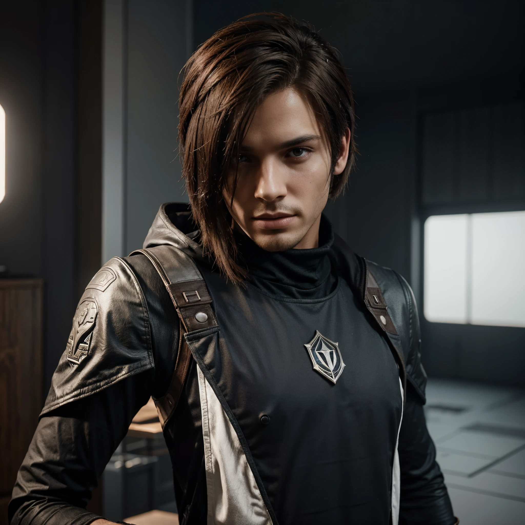 Crie um personagem no estilo Destiny 2, masculino, LGBT, Alto, cabelo e olhos castanhos, cabelo liso e curto.