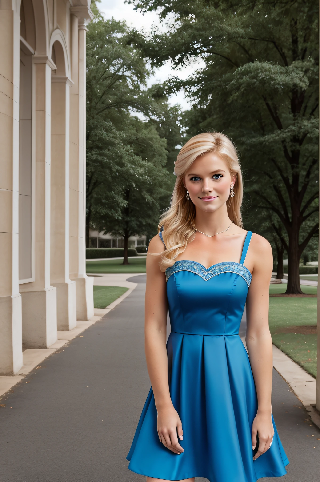 Photograph of a Stunningly beautiful blonde blue-eyed preppy college sorority girl wearing a conservative but elegant dress inspired by Princess Diana
