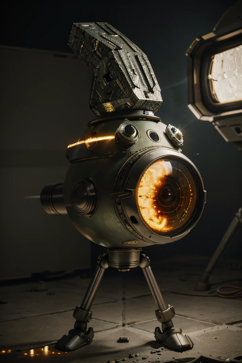 A Modern flat toon Crazy whit a Big ONE a Only Eye Robot and helmet Style, tongs in hands, Tv head, pinhead, camouflage yellow white Pibnk Rusty, Ambient in a meteorite crater super detailed, center, beautiful, soft lighting, focused on the character, 4K resolution, photorealistic rendering,