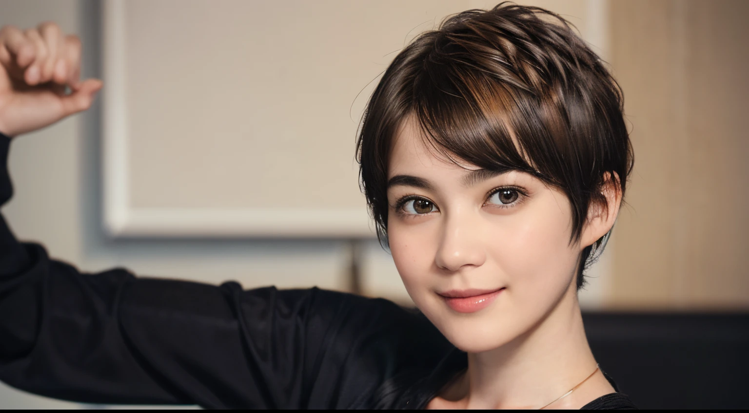 97
(a 20 yo woman,is standing), (A hyper-realistic), (high-level image quality), ((short-hair:1.46)), (Hair smooth), (Gentle smile), (Keep your mouth shut)