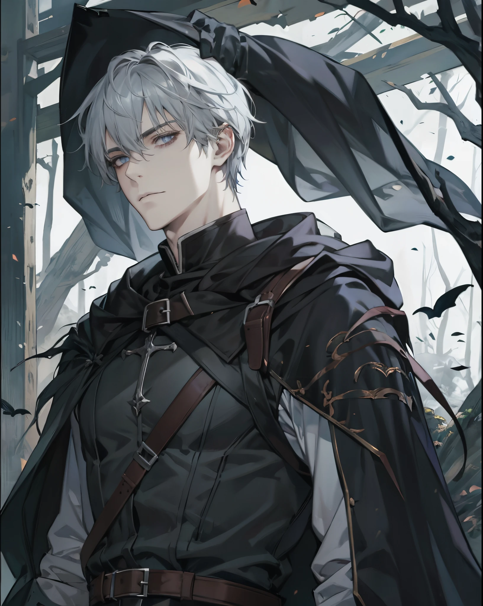 male, adult, handsome, mature face, depressed, calm, silver hair, grey eyes, detailed eyes, rogue mage, dark forest, black magic