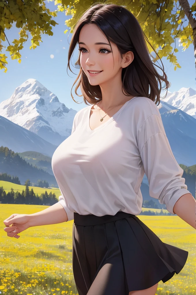 In the image, the foreground shows the face and upper body of a beautiful 40-year-old brunette french woman with medium-length hair, very big breasts, smiling, dressed in a open black shirt and white short skirt. The scene takes place in a lush meadow in the early afternoon of a beautiful autumn day, with snow-capped peaks in the background. Hyper-realistic rendering, using a Canon EOS 5D Mark IV camera with a Canon EF 24-70mm f/2.8L II USM lens.