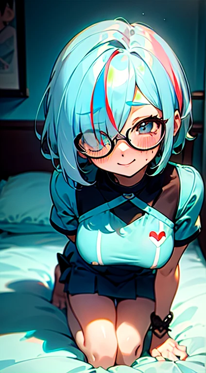 cyan hair, short hair, super big boobs, blushing very hard, happy face, bedroom, glasses, sexy, small height, kneeling on the bed, hair over one eye, hair over one eye, streaked hair, anime,loli,
