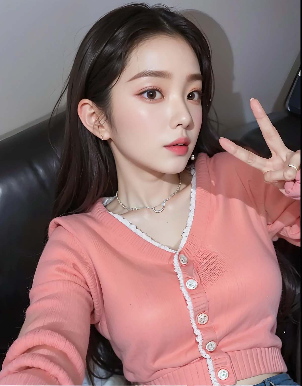 Arafed woman wearing a pink sweater and a pearl necklace making a peace sign., ulzzang, Jinyoung Shin, Wan adorable cara coreana, Jisoo de Blackpink, Heonhwa Choe, dilraba dilmurat, tzuyu de dos veces, Chica coreana, Jossi de Blackpink, Parque Roseanne de Blackpink, Imagen filtrada, con cara linda - fina -