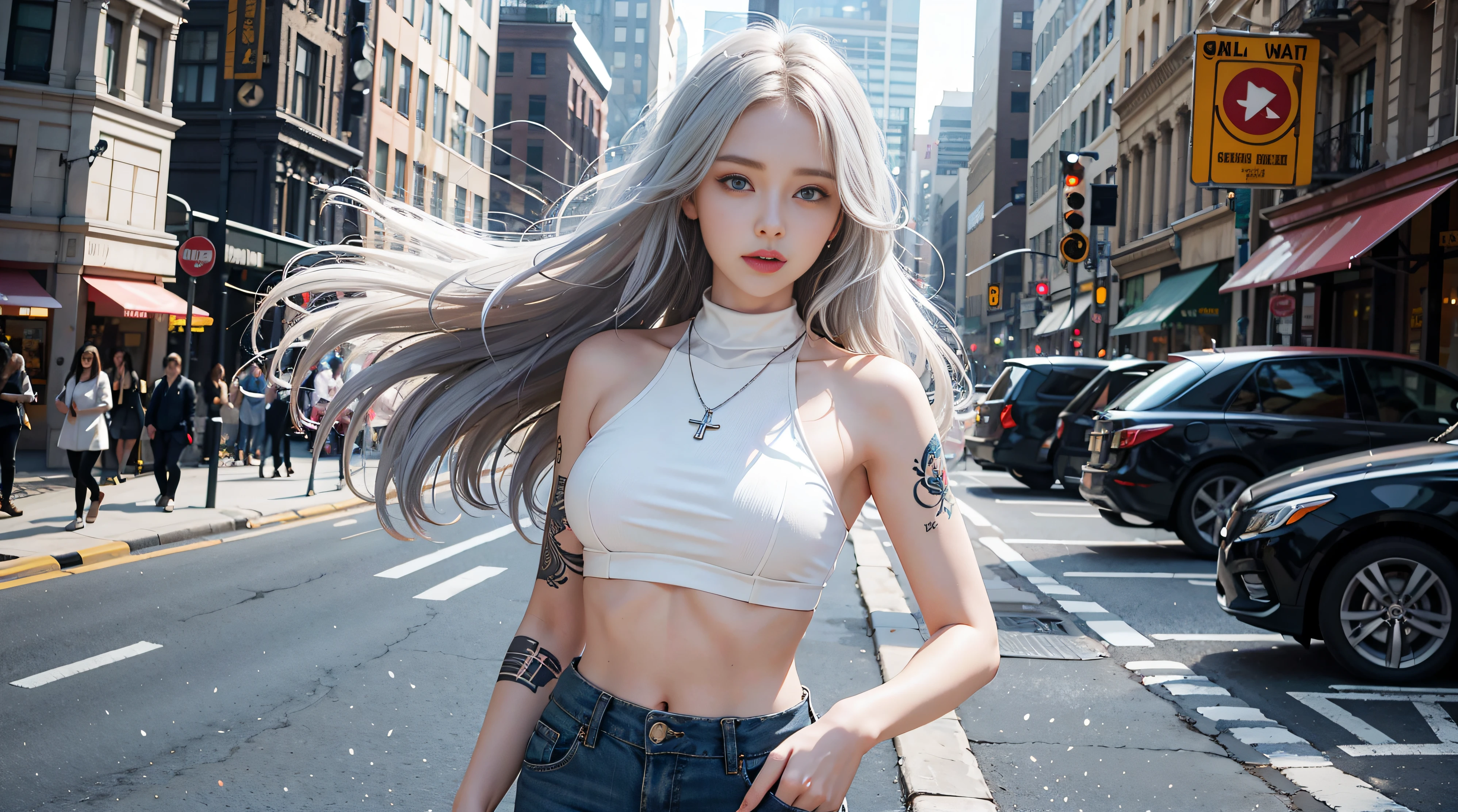 8K raw data、wallpaper, 1Girl，Sweet girl，full body, Natural sexy poses,tattoo，Silver hair, Long messy hair,street background,graceful,Elegant。extremely delicate details,Master's work ,Realistic texture,Perfect work,cinematic lighting effects,8K,k hd,Exquisite facial features,White skinny turtleneck,White skinny shorts,Slim figure,Eyes big bright, smooth skin, ear bags, necklace, tattoo