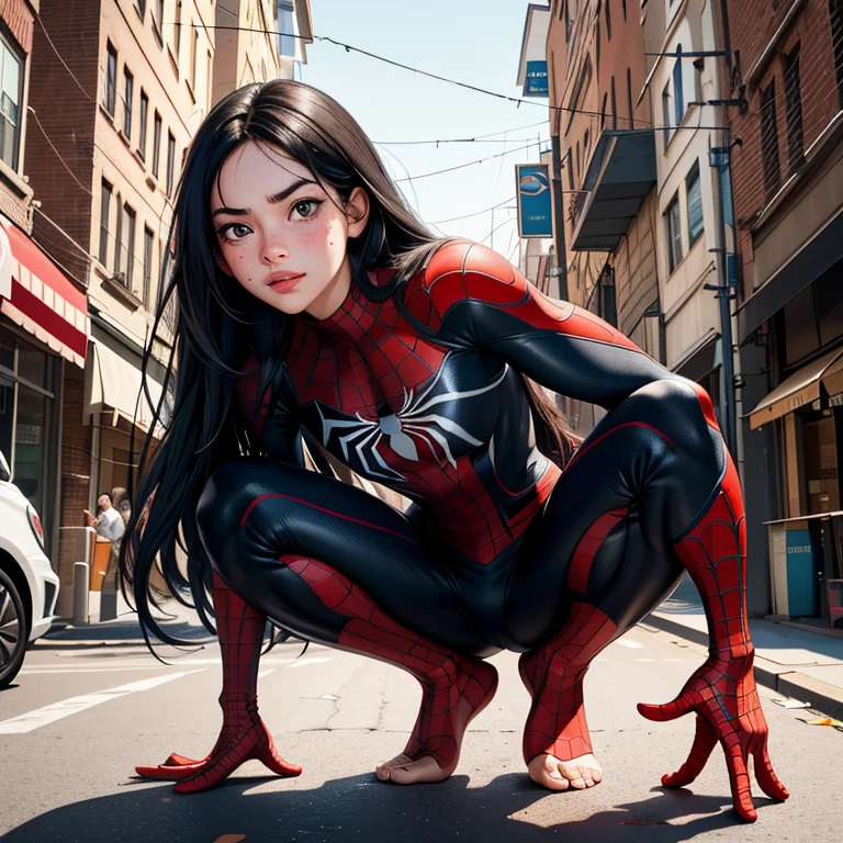 Create a hyper-realistic image of a teenage girl with long black hair, fair skin, and freckles. She should have a playful expression, wearing a complete spider man suit while squatting barefooted