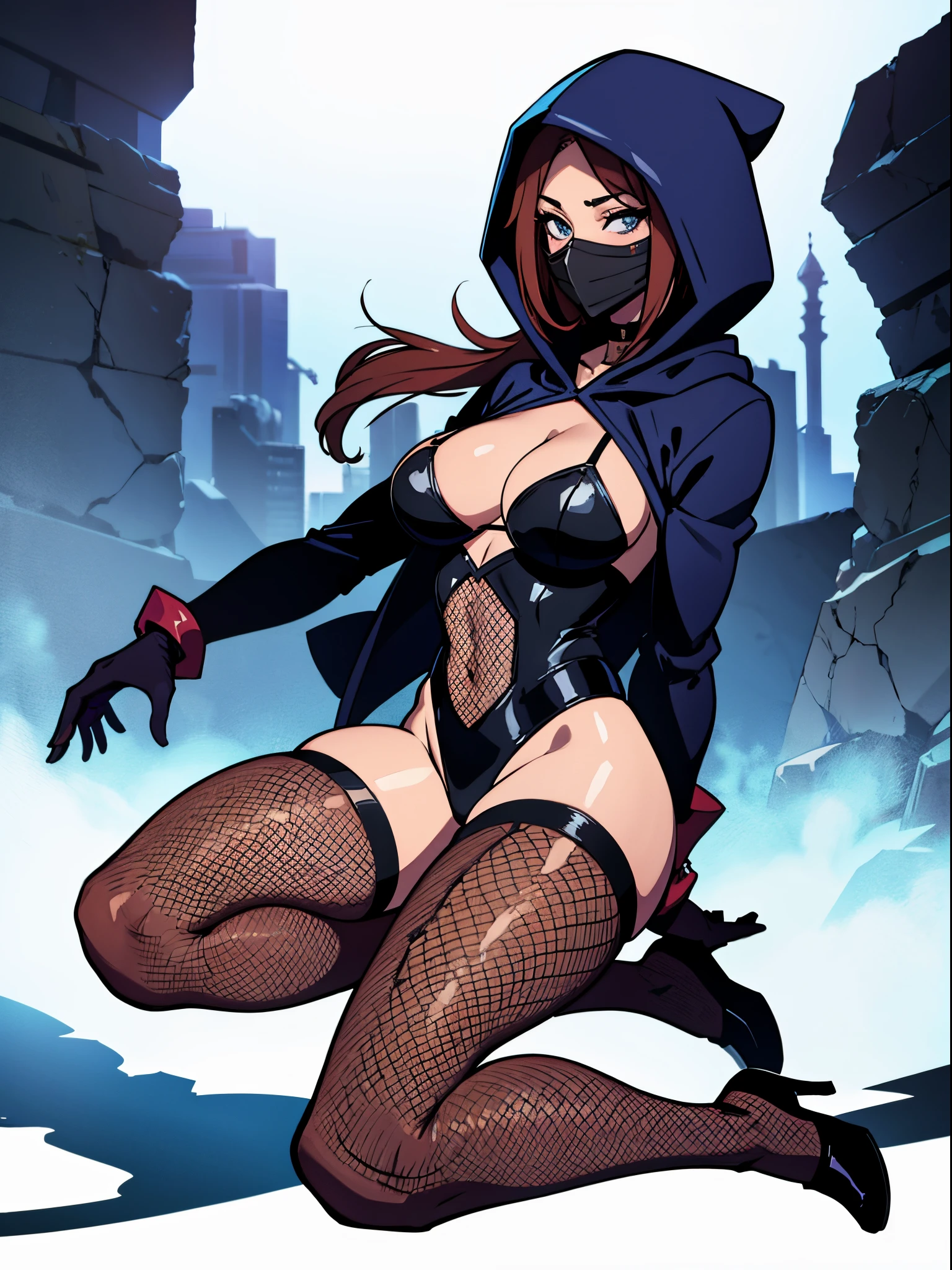 Sexy woman, mask, hood, solo, fishnet stockings, full body, underboob, cleavage