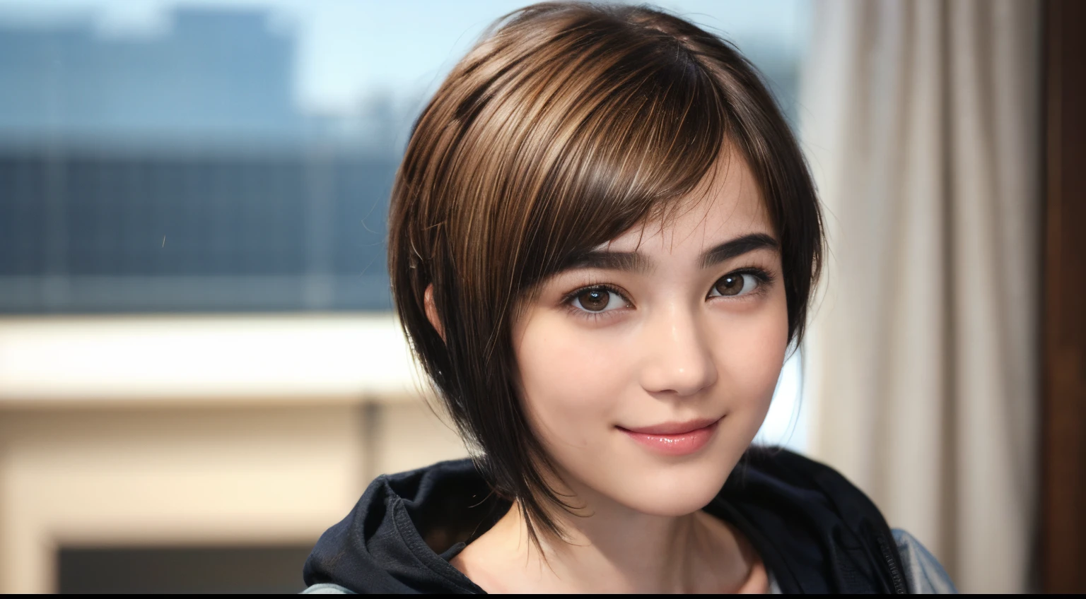 97
(a 20 yo woman,is standing), (A hyper-realistic), (high-level image quality), ((short-hair:1.46)), (Hair smooth), (Gentle smile), (Keep your mouth shut)