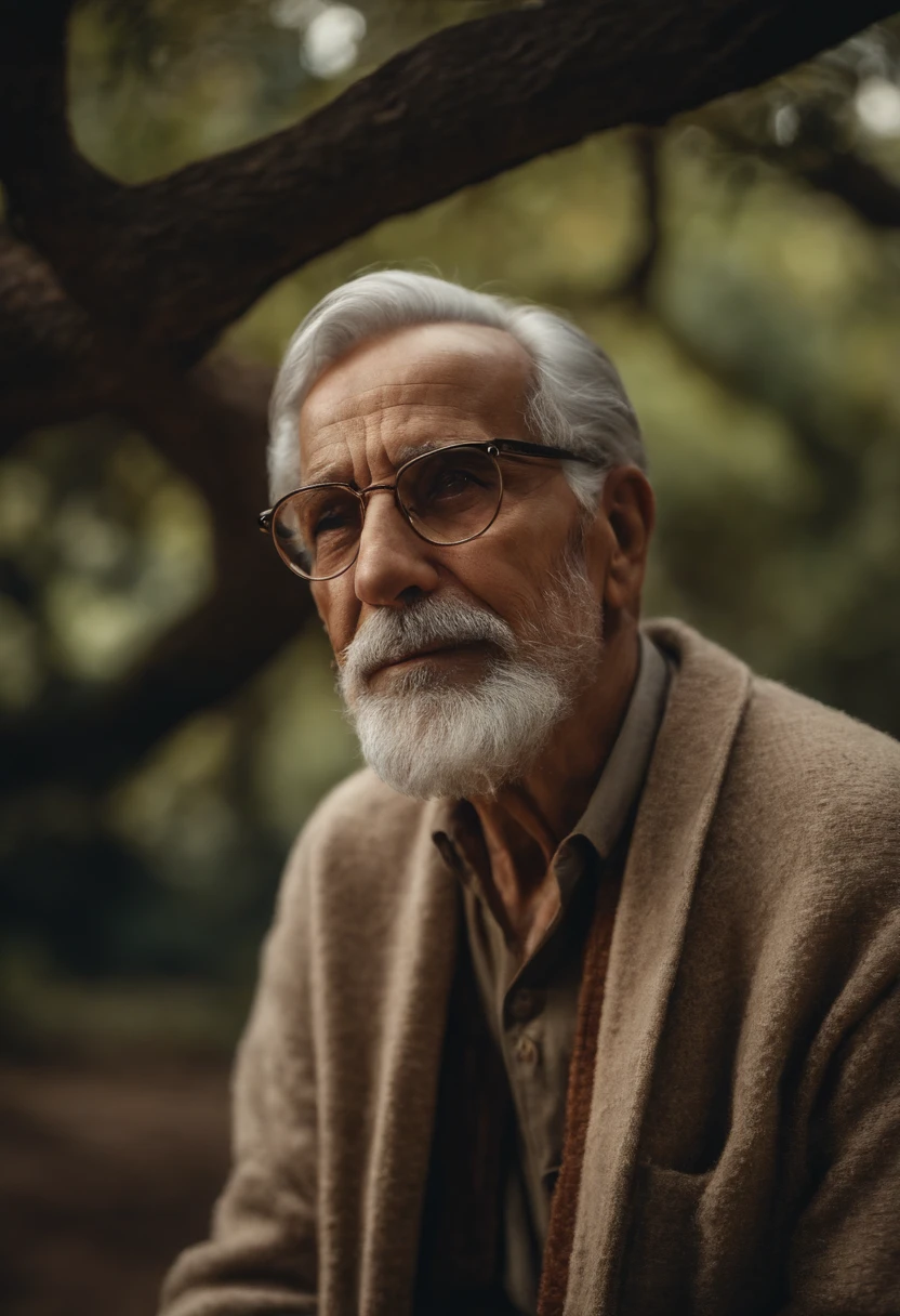 "desenho ultra realista em 8k, Elderly and lonely man of appearance of approximately 70 years. He's wearing a sweater, tem uma barba, wears thin-framed glasses, with a charismatic and gentle countenance. The scene takes place under a tree, amidst nature."
