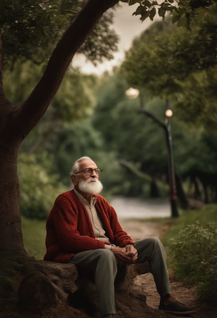 "desenho ultra realista em 8k, Elderly and lonely man of appearance of approximately 70 years. He's wearing a sweater, tem uma barba, wears thin-framed glasses, with a charismatic and gentle countenance. The scene takes place under a tree, amidst nature."