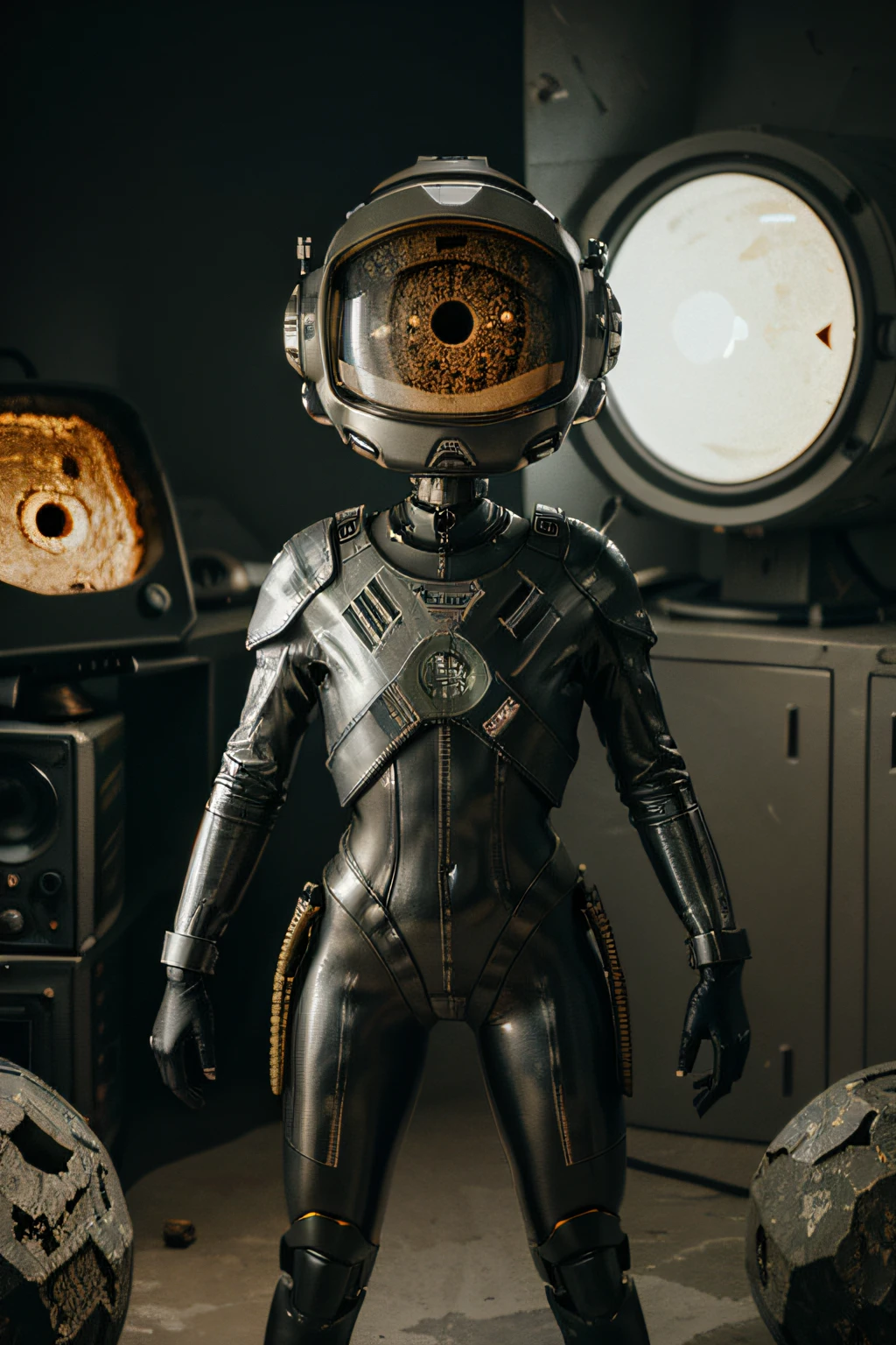 A Modern flat toon Crazy whit a Big ONE a Only Eye Robot and helmet Style, tongs in hands, Tv head, pinhead, camouflage yellow white Pibnk Rusty, Ambient in a meteorite crater super detailed, center, beautiful, soft lighting, focused on the character, 4K resolution, photorealistic rendering,
