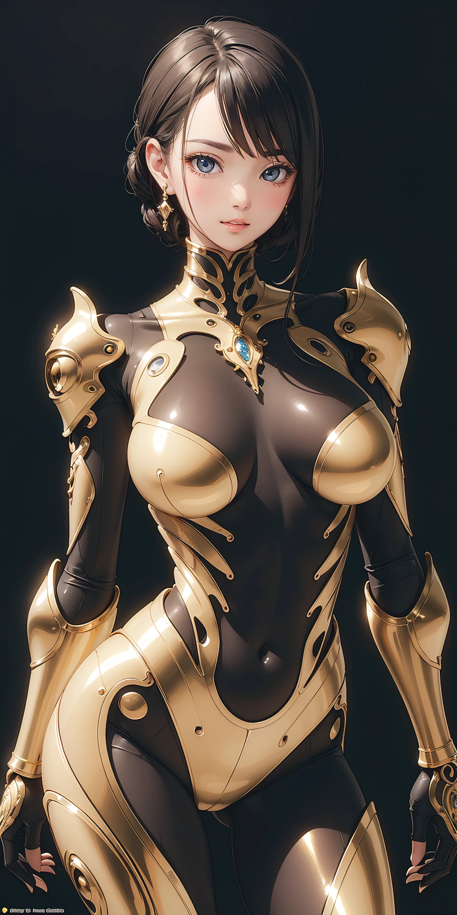 (masterpiece, best quality, ultra-detailed, photorealistic), 1 girl, upper body shot, curvaceous but slender body, organic cyborg, black plastic, gold accents, diffuse lighting, fantasy, intricate, elegant, highly detailed, art by Yoshitaka Amano
