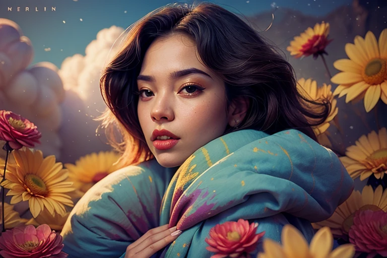Beautiful face, beautiful body, Girl standing in the clouds staring up as the stars, stars floating around her, brilliant colors, amazing swirls of cosmic dust, colorful vibrant, light particles, Create digital artwork in the Pop Art style, Featuring a vibrant and confident young Asian girl,street fashion (vibrant), Movie color scheme, Surrounded by vintage flower motifs, Vibrant brushstrokes,Emotions should be dynamic, Upper body, Drawing, illustration, Many flowers, in style of bo Chen