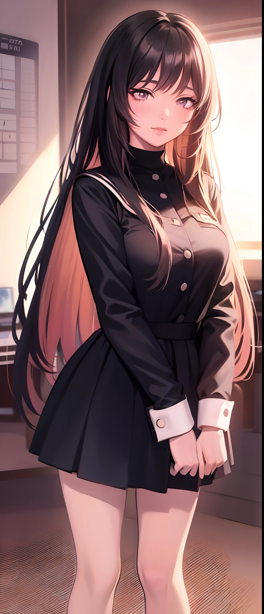 anime girl in a black dress standing in an office, anime girl with long hair, anime visual of a cute girl, ilya kuvshinov with long hair, attractive anime girl, beautiful anime high school girl, realistic schoolgirl, anime girl wearing a black dress, an anime girl, marin kitagawa fanart, made with anime painter studio, realistic young anime girl (((model sheet))))