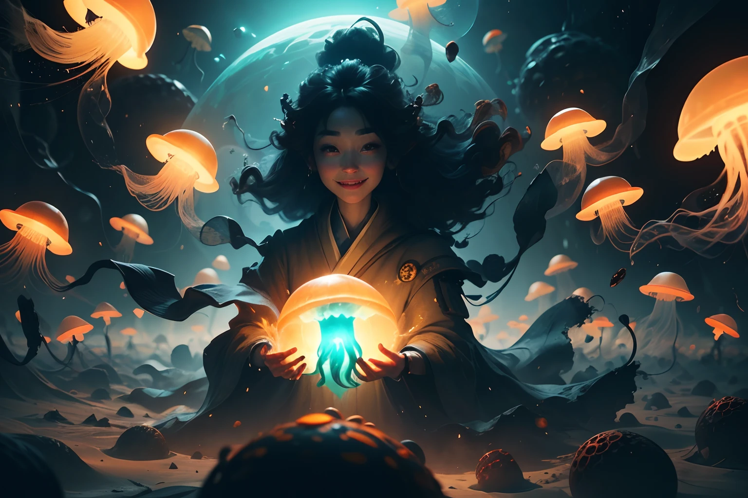 Beautiful face, beautiful body, smiling, Girl controlling glowing mutant jellyfish (centered) in a dark room, tentacles reaching out, floating glowing planets surround them, golden orange lighting colors, sinister feel, telepathy with the jellyfish alien, transforming universe with evil plot, 8k cinematic movie scene, deep lighting, unreal engine 5, trending on artstation. In style of Bo Chen