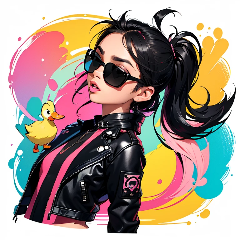 sticker illustration of ((( cute duck ,wearing sunglasses and , swearing a black leather jacket .))), full body ,sticker, 2D Style, Vectorial, Pantone colors, Splatoon custome, white border, full color background, vibrant 7-color palette playing an electric guitar, with a funny expression, Vector illustration, Minimalistic, Digital illustration, T-shirt design, Dramatic Lighting, Highly detailed, 2D, 300 dpi, RGB, Flat, No background, Tattoo design, Watercolour splashes background, Extremely detailed, Hyper detailed, Intricately detailed, Realistic details