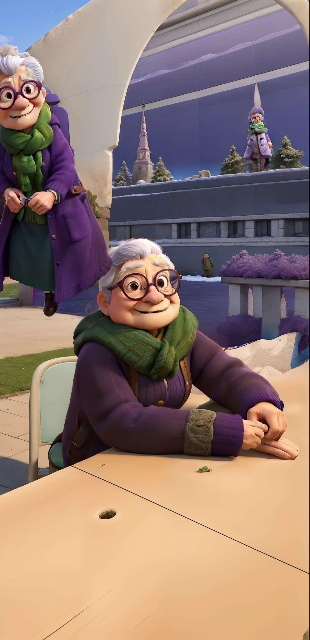 masterpiece, best quality, an old woman with glasses and a scarf on, wearing a purple coat and green scarf, standing at the park