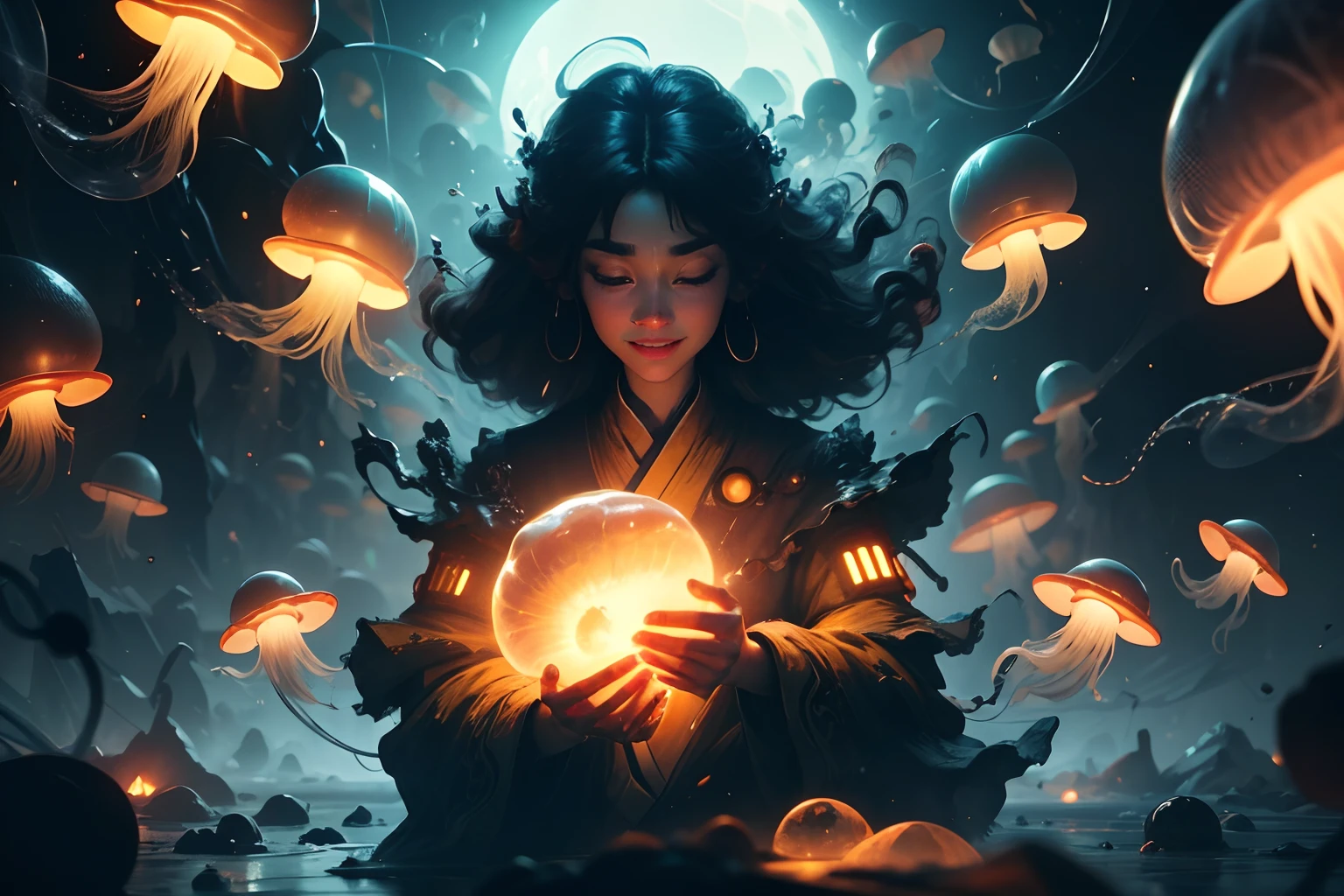 Beautiful face, beautiful body, big smile, eyes closed, Girl controlling glowing mutant jellyfish (centered) in a dark room, tentacles reaching out, floating glowing planets surround them, golden orange lighting colors, sinister feel, telepathy with the jellyfish alien, transforming universe with evil plot, golden central and light particles, 8k cinematic movie scene, deep lighting, unreal engine 5, trending on artstation. In style of Bo Chen