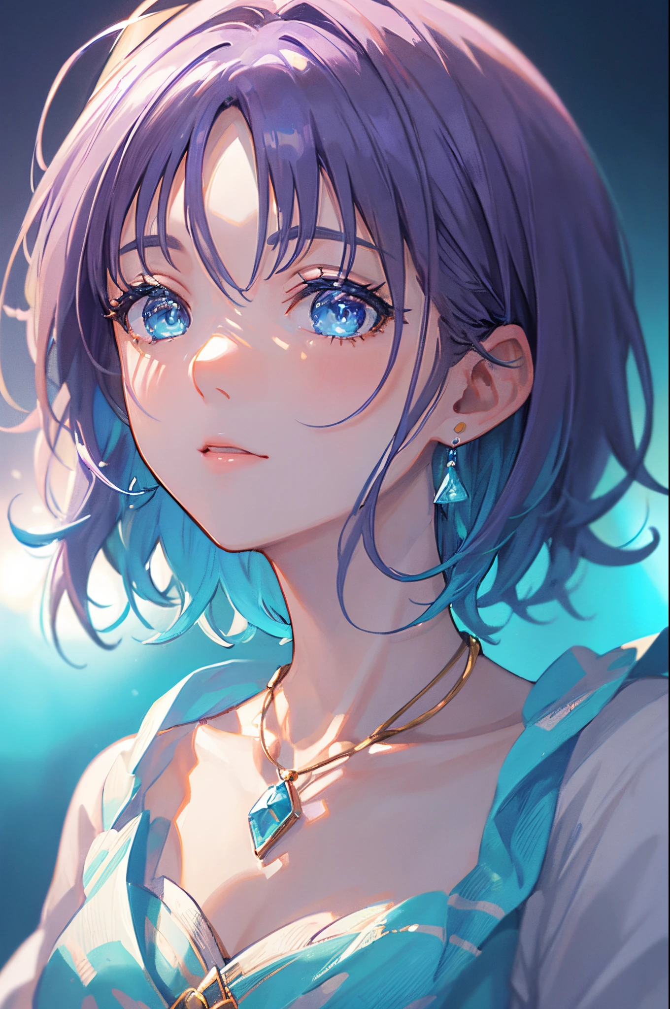 masterpiece, top-quality, illustratio, Saxophone Blue, Platinum Earrings, Platinum Necklace, white dres, 1girl, cute little, (Dynamic lighting:1.2), lighting like a movie, delicated facial features, A detailed eye, Sharp pupils, Realistic pupils, depth of fields, bokeh dof, foco nítido, (ultra-detailliert, Bloom, Glow:1.4), Many Small Gems, (((Short_hair))), Toru Asakura、blue hairs、耳环、gradation hair、multi color hair、Parted bangs、Purple hair、The upper part of the body、Extreme close-up view、