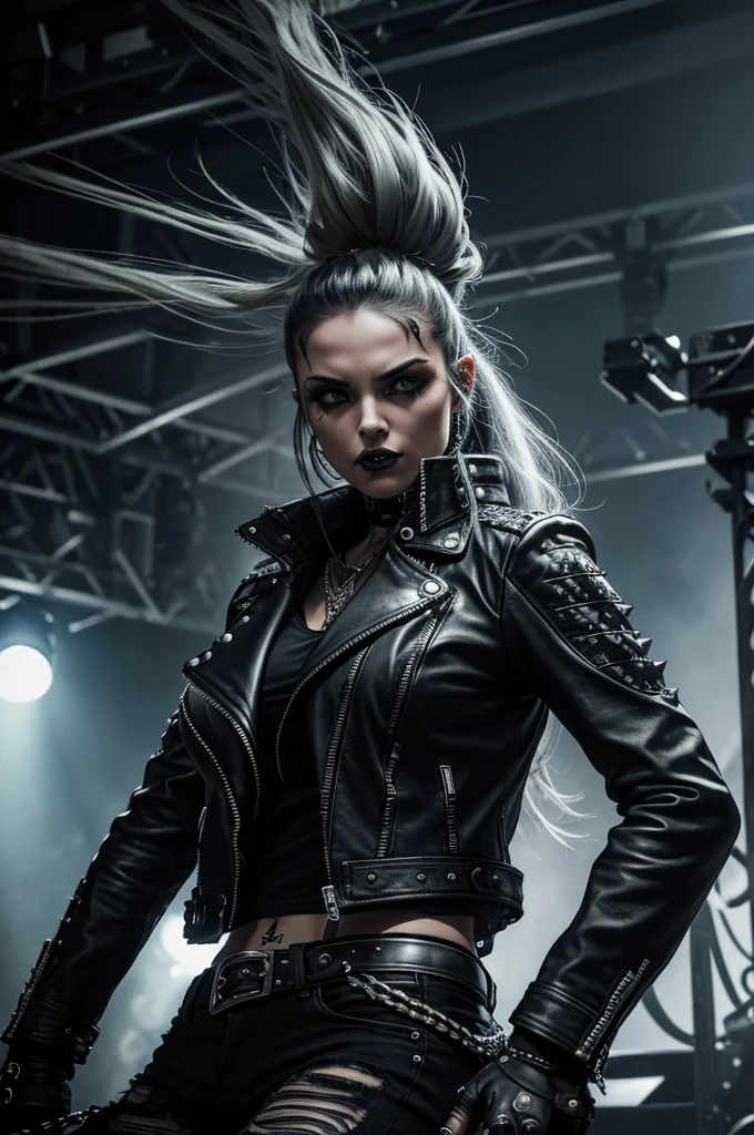(Extremely detailed, high-quality) Heavy metal biker chick with chains and spikes, fierce expression, powerful female rock star, dark and edgy atmosphere, leather jacket, torn jeans, heavy makeup, devilish tattoos, badass attitude, roaring motorcycle engine, smoke and fire effects, dynamic stage performance, electric guitar shredding, skull and crossbones, stage lights flashing, headbanging crowd, intense energy, metal music blasting, mosh pit frenzy, lightning bolts, black and silver color palette, intense shadows, mysterious aura