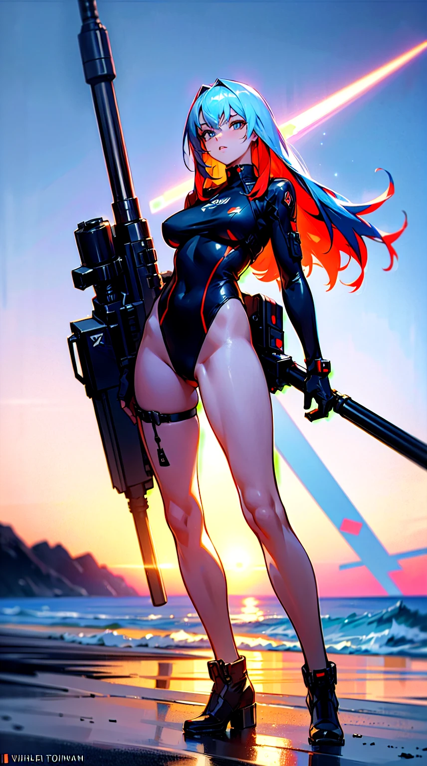 An Extremely Photorealistic Full Body View Of A Gorgeous Caucasian Militant Woman With Awesome Multicolored Hair And Grey Eyes Wearing A Military Fashion Swimsuit With Futuristic Boots While Holding An Oversized Futuristic Sniper Cannon, She Is Posing On The Beach At Night Under The Neon Moonlight, PhotoRealistic Background, fantastical, ethereal, atmospheric, DOF, vibrant lighting, hyper-realism, best quality, highly detailed,  resolution, 8k, DSLR, HDR, UHD, Fujifilm X3.