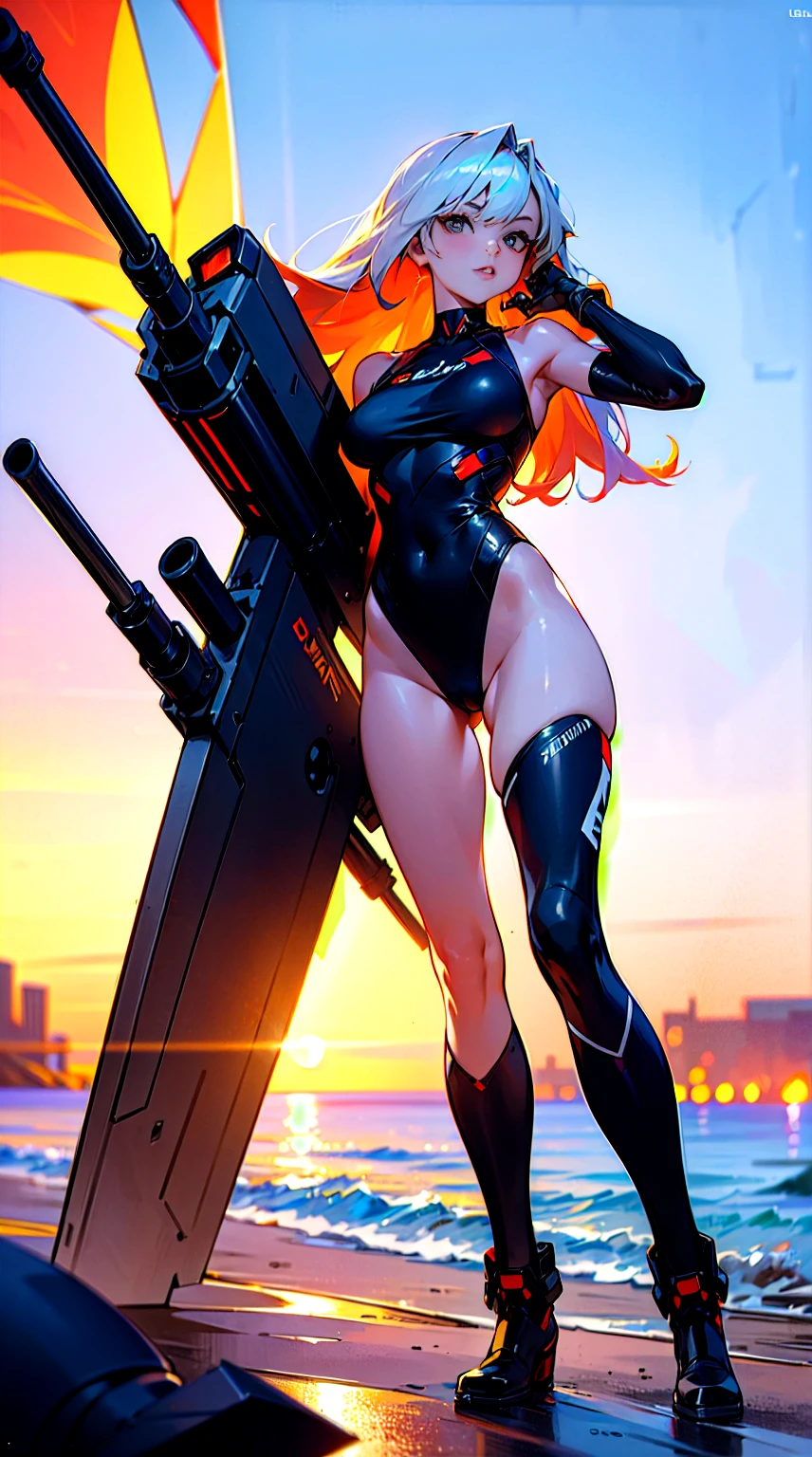 An Extremely Photorealistic Full Body View Of A Gorgeous Caucasian Militant Woman With Awesome Multicolored Hair And Grey Eyes Wearing A Military Fashion Swimsuit With Futuristic Boots While Holding An Oversized Futuristic Sniper Cannon, She Is Posing On The Beach At Night Under The Neon Moonlight, PhotoRealistic Background, fantastical, ethereal, atmospheric, DOF, vibrant lighting, hyper-realism, best quality, highly detailed, resolution, 8k, DSLR, HDR, UHD, Fujifilm X3.