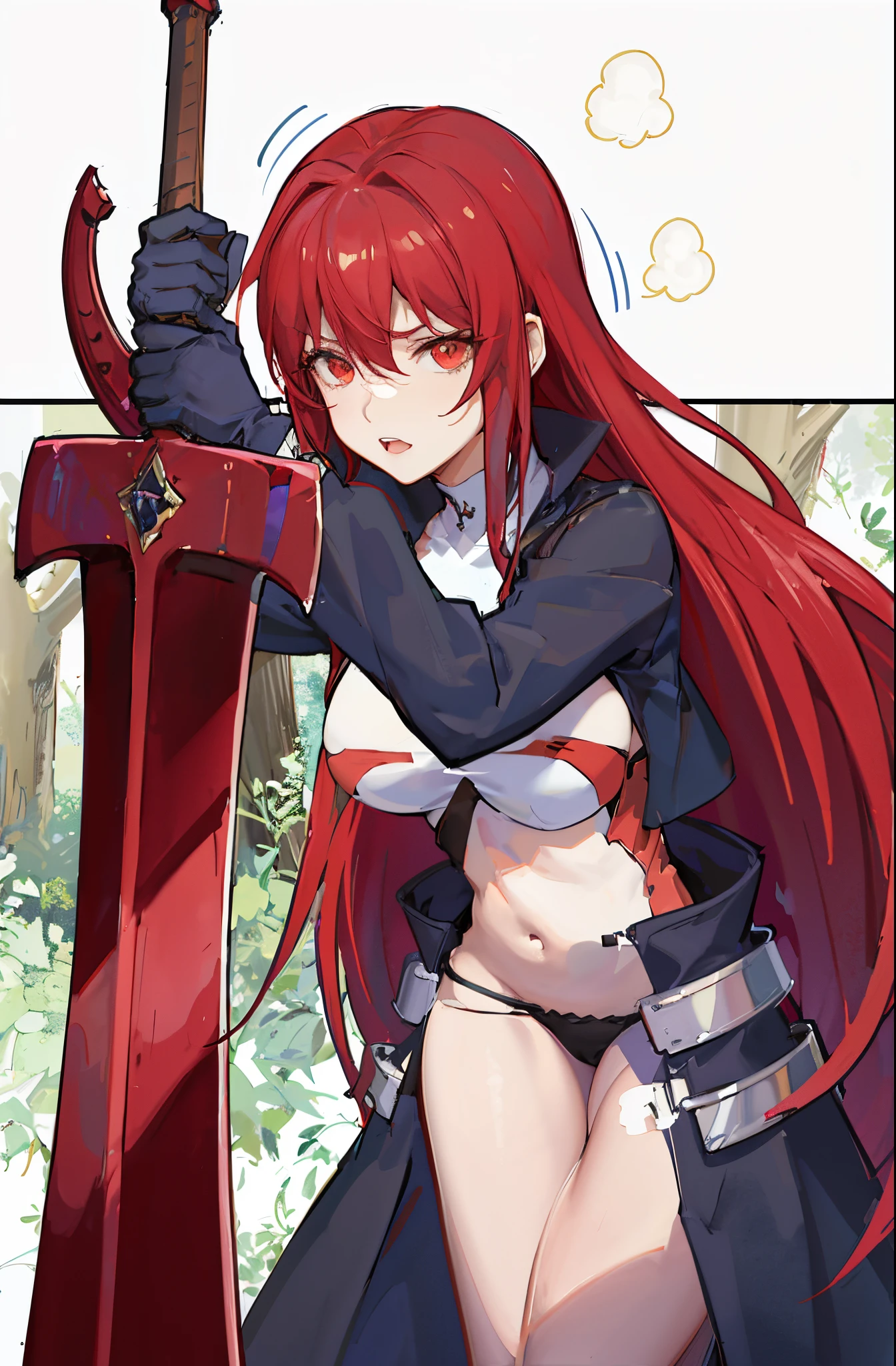 Menina do anime com cabelo vermelho segurando uma espada e uma espada, Rias Gremory, female redhead templar, Erza Scarlet como uma pessoa real, estilo anime como destino/noite de estadia, she is holding a sword, segura uma espada, Makise Kurisu, segurando uma espada em seu ombro, Kurisu Makise, com espada grande, badass anime 8 k, cabelo bonito, muitos detalhes, peitos grandes, cilios grandes, olhos bonitos, muitos detalhes, cansada e com as bochechas vermelhas, garota cansada, fofa, rosto fofo, cuteexpression