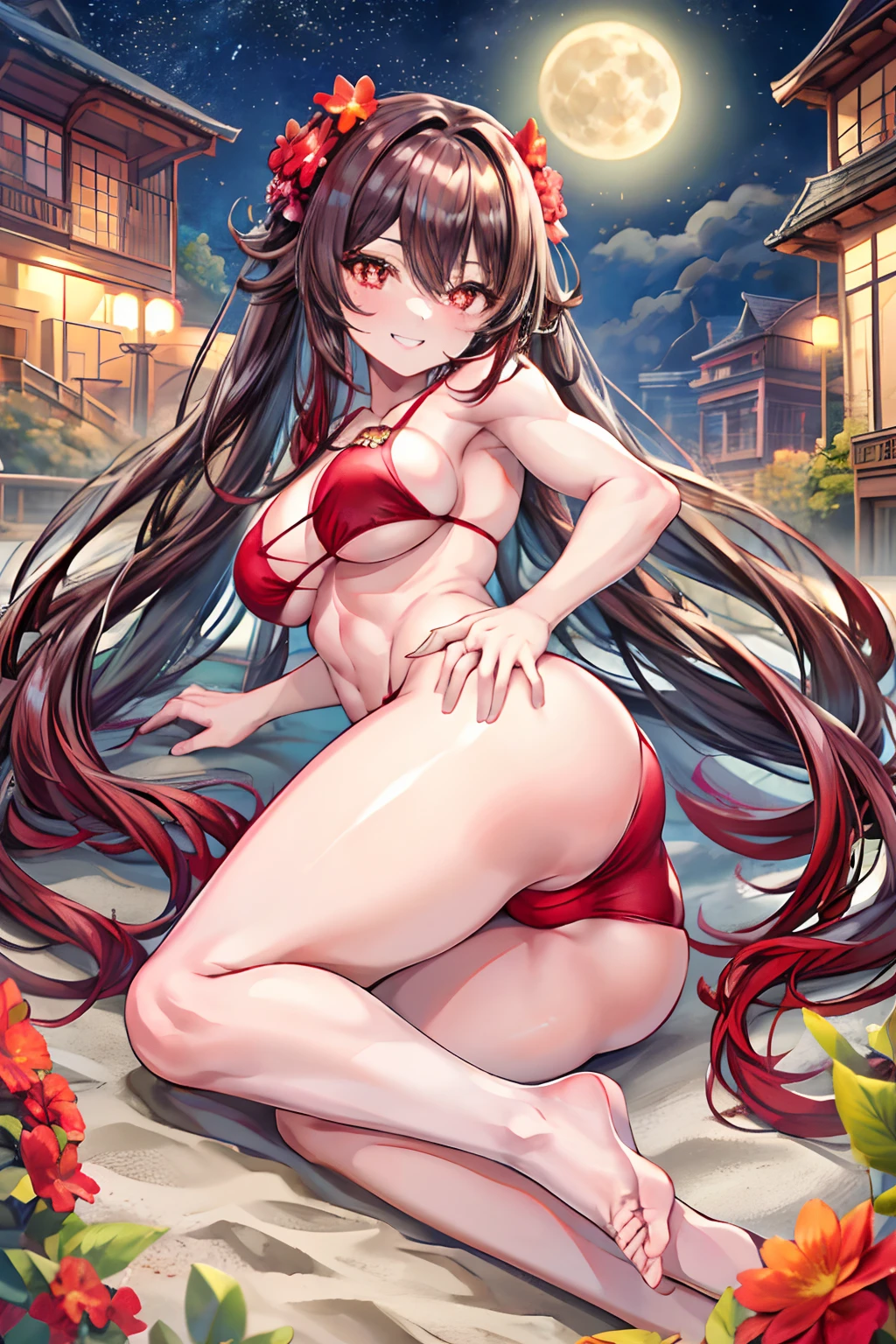 best quality, Ultra High Resolution, 1girl, mischievous smile, showing teeth, (long red brown hair:1), ((swollen eyes)), look at me, (full body), Smile at me, red eyes, (( (flower pupils))), sweet, beautiful, (on the beach at night with starry sky and full moon in the sky), (wearing a micro bikini), (((muscular legs))), (muscular belly), wide hips , (showing her big ass to me), medium breasts, love me with all your heart, Ultra HD,
