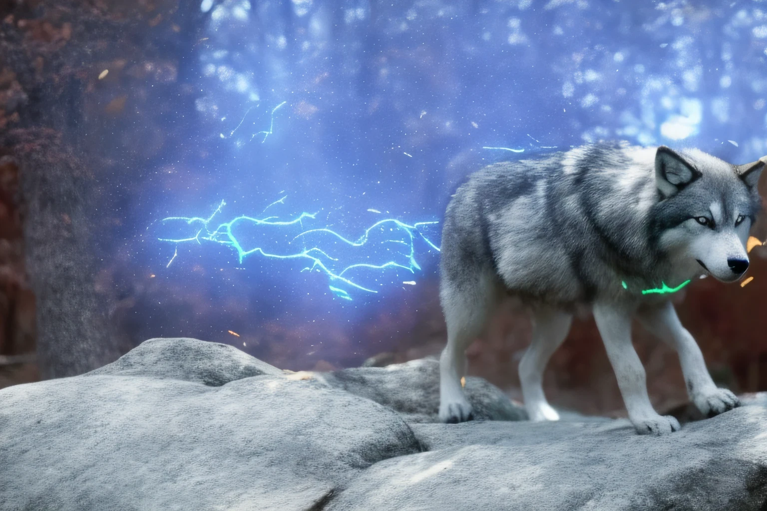 There is a wolf that is standing on a rock with a green light, Husky con armadura brillante, con runas brillantes en el cuerpo, VFX altamente detallado, Brilliant and epic, Hyper - Renderizado VFX realista, Impresionantes efectos visuales, Armadura de lobo, Renderizado VFX, Escena VFX altamente detallada, Estilo Fantasy 8 K Octano Render, Perro cyborg, Renderizado VFX hiperrealista, vfx muy detallado