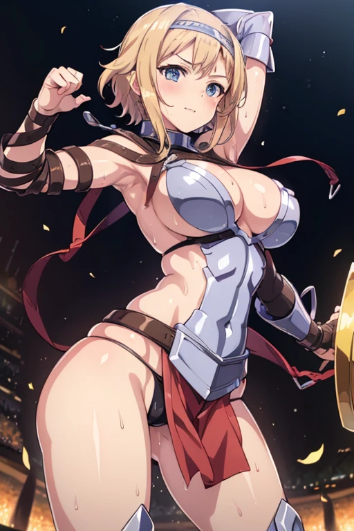 LeinaQuiron woman, 1girl, solo, breasts, blush, blue eyes, blonde hair, large breasts, cleavage, braid, hairband, armor, twin braids, side braid, short hair with long locks, buckle, shield BREAK (masterpiece, best quality:1.3), 4k, ultra-detailed, trending in pixiv BREAK (in the gladiator arena:1.4), (fighting pose:1.4), smile, (sweat, shiny skin:1.2)