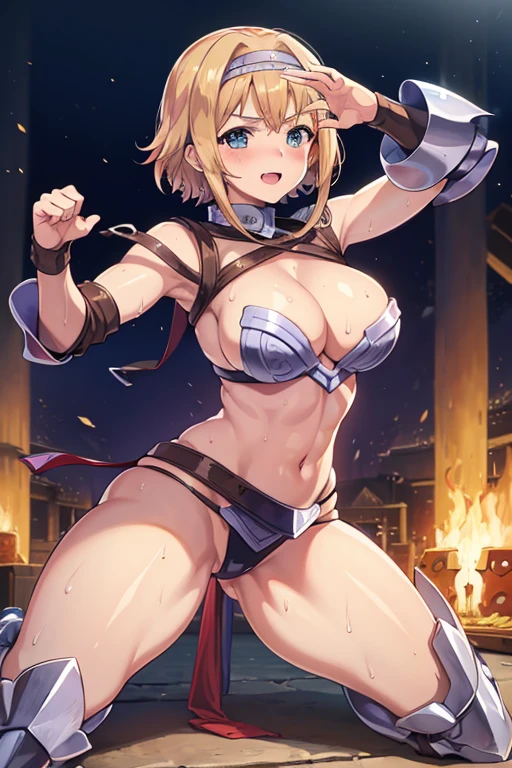 LeinaQuiron woman, 1girl, solo, breasts, blush, blue eyes, blonde hair, large breasts, cleavage, braid, hairband, armor, twin braids, side braid, short hair with long locks, buckle, shield BREAK (masterpiece, best quality:1.3), 4k, ultra-detailed, trending in pixiv BREAK (in the gladiator arena:1.4), (fighting pose:1.4), smile, (sweat, shiny skin:1.2)