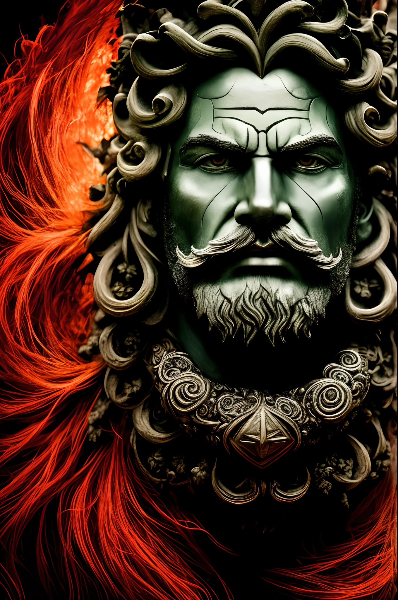 Um close-up intenso de um deuses Anunnaki com olhos penetrantes e brilhantes, surrounded by an insinuating darkness. ma silhueta imponente, while his wild, flowing beard adds a touch of ruggedness. The warrior's face bears an expression of deep anger, um testemunho de sua ferocidade em batalha. The backdrop is filled with swirling tendrils of dark blackness, reminiscent of ancient mythological forces. The mood is tense, suggesting the mythical powers surrounding the warrior. The image combines high detail and an artistic touch, creating a captivating visual experience. Obra de arte, tinta sobre pergaminho