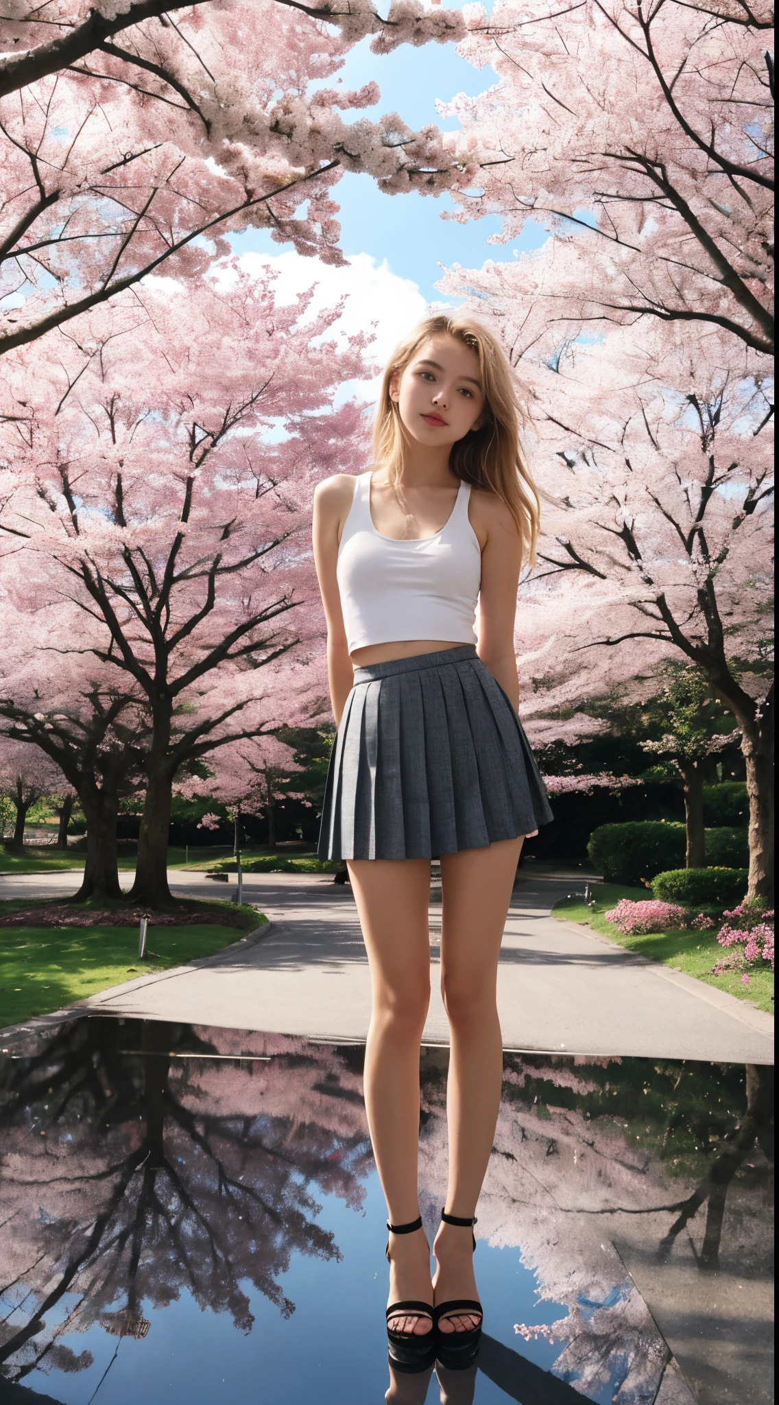 Pre-teen, ************, European, blonde, small breasts, big eyes, long legs, close-up of thighs, tank top with plunging neckline, sweatshirt, tiny pleated skirt, heeled sandals, extremely high angle shot, top view of girl, park background, trees, cherry blossom, mirrored floor with reflections, ray tracing, HDR