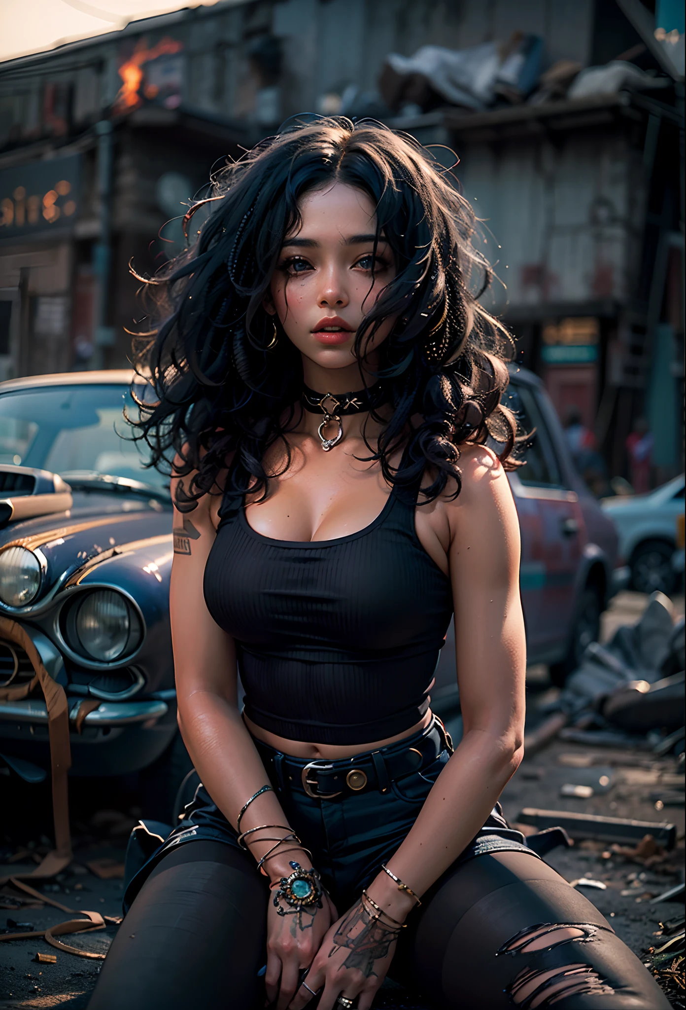 ((21-year-old))), black girl, (((light skin))), (((full body pose))), (((long curly black hair))), (((no bra, wrapped in chains, boots, guns))), (((black fishnet bodysuit))), (((submissive))), (((metal choker))), (((post apocalyptic scene, old cars, fire, death))), dark fantasy, (((thigh gap with cameltoe))), Rich, Deep Colours, (intricate details:0.9), (HDR, hyper-detailing:1.2), (natural skin textures, hyper realisitc, glistening skin, soft light, Sharp),