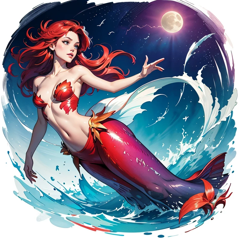 abstract beauty, Ariel (The Little Mermaid), centered, looking at the camera, approaching perfection, dynamic, moonlight, highly detailed, watercolor painting, artstation, concept art, smooth, sharp focus, illustration, art by Carne Griffiths and Wadim Kashin