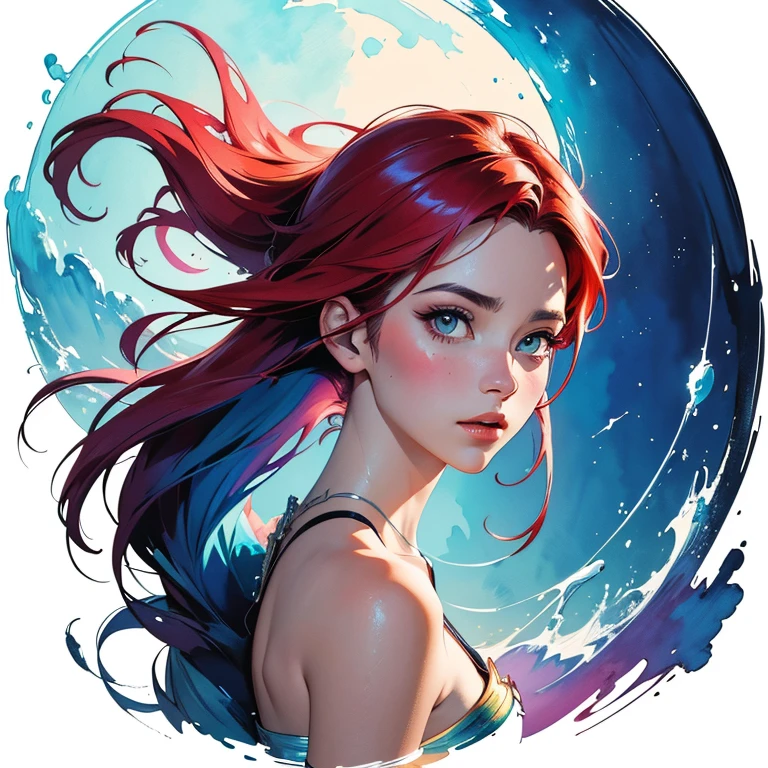 abstract beauty, Ariel (The Little Mermaid), centered, looking at the camera, approaching perfection, dynamic, moonlight, highly detailed, watercolor painting, artstation, concept art, smooth, sharp focus, illustration, art by Carne Griffiths and Wadim Kashin