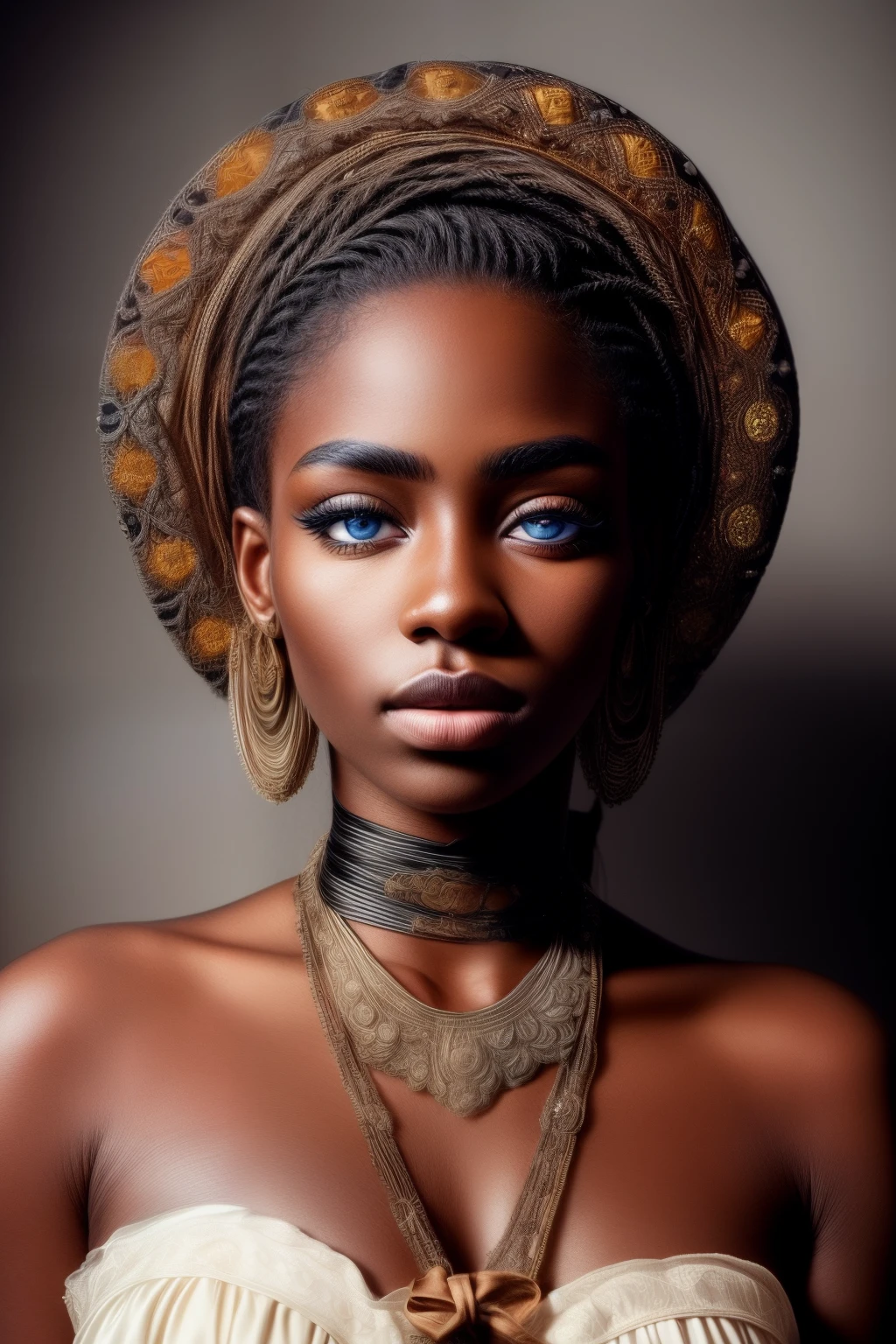 analog style, realistic, award-winning photo,(symmetric highly detailed eyes, fantastic eyes, intricate eyes:1.1), detailed background, full body, wide angle, beautiful 20 year old girl,  African American, dark skin, skinny, ribbon braid,  flat chest, tiktok, instagram