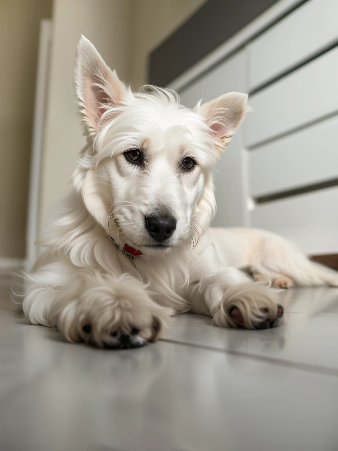 there is a white dog lying on the floor with its head on the floor, pelo molhado, olhar desleixado, Pelo enlameado, small white dog at her side, peludo bonito precisa de sua ajuda, bela imagem de vira-lata, Pelo com lama, Tomado com Sony Alpha 9, young handsome pale roma, chinese crested powderpuff dog, rosto molhado, com focinho branco