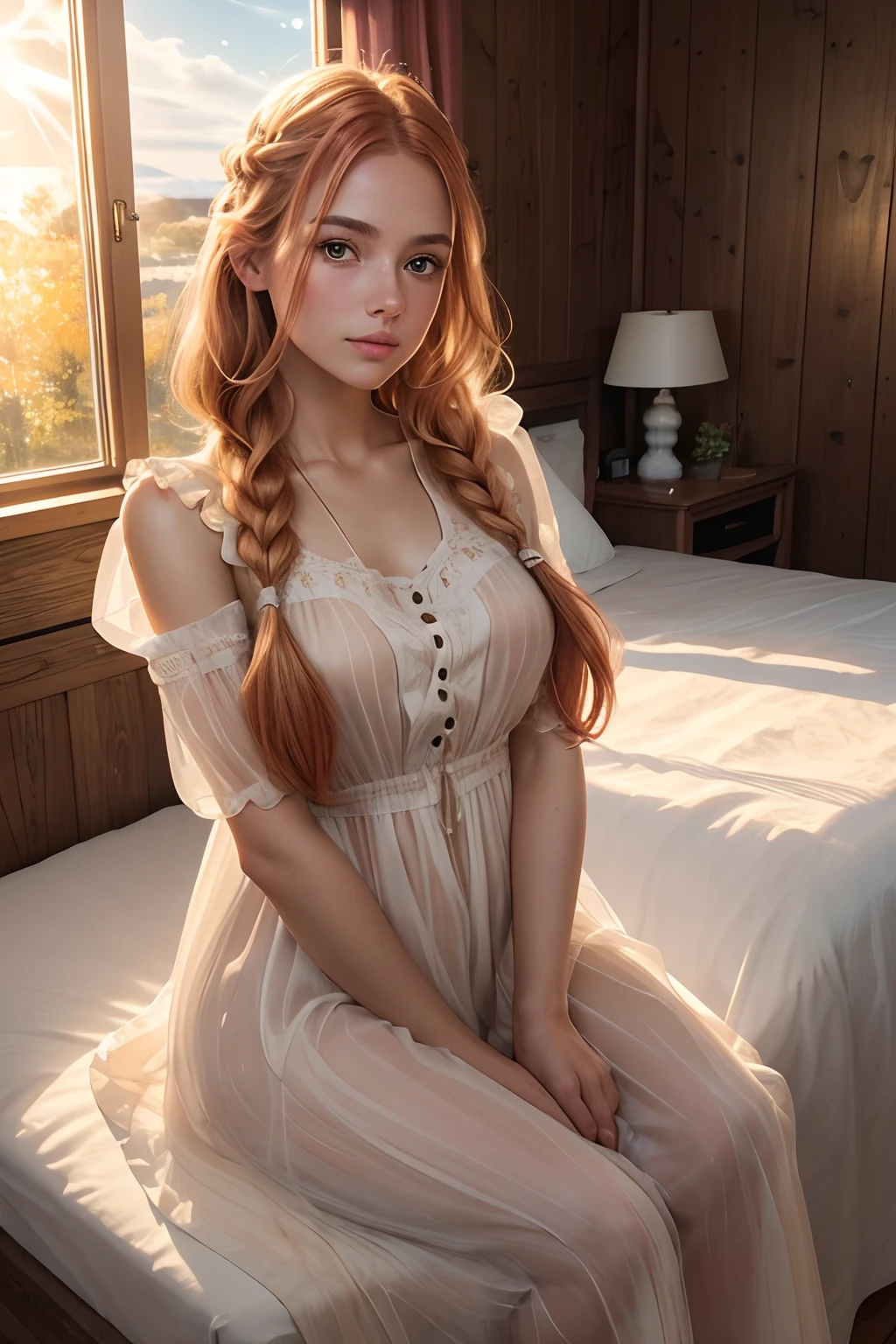 nordic young woman, cute face, seductive, best quality, masterpiece, translucent summer dress, golden hour, detailed textures, long braided hair, sitting on bed, posing, casual pose, wooden cottage, interior, [blush], aesthetic, intricate, caustics, light rays, sunlight, (((soft lips))), (((glossy lips))), highly detailed, (semi-realistic:1.2), niloudef, red hair