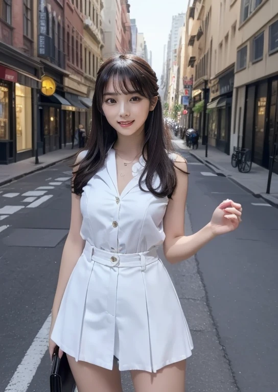 top-quality, ​masterpiece, in 8K, 超A high resolution, (Photorealsitic:1.4), 1girl in、Beautiful expression、symmetrical eye、Perfect body proportion、OL Costume、Unbutton the chest、a miniskirt、A smile、Look at viewers、(the city street:1.2)、long legged(1.1)、