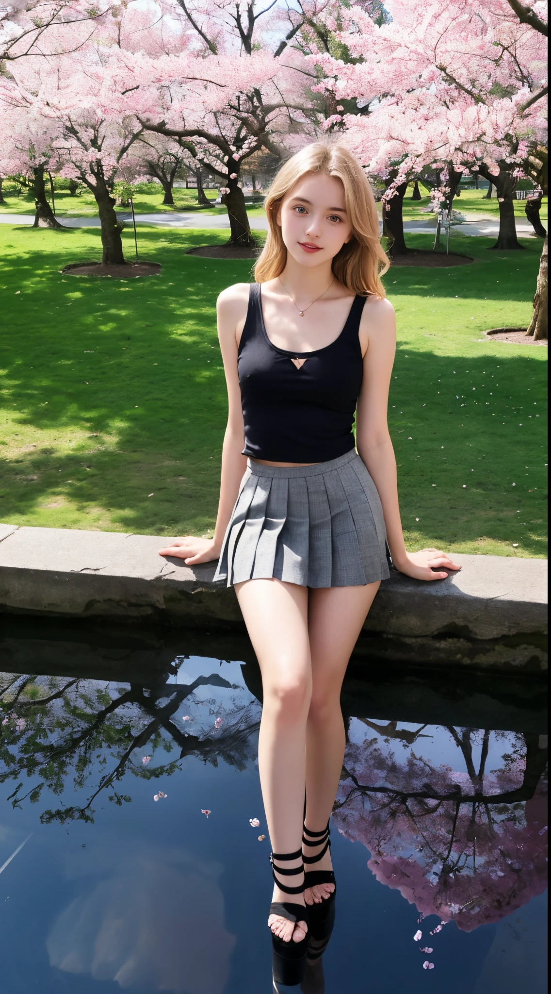 Pre-teen, ************, European, blonde, small breasts, big eyes, long legs, close-up of thighs, tank top with plunging neckline, sweatshirt, tiny pleated skirt, heeled sandals, extremely high angle shot, top view of girl, park background, trees, cherry blossom, mirrored floor with reflections, ray tracing, HDR