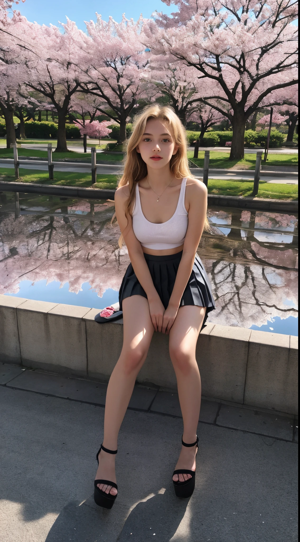 -tee6 yearean, blonde, small breasts, big eyes, long legs, close-up of thighs, tank top with plunging neckline, sweatshirt, tiny pleated skirt, heeled sandals, extremely high angle shot, top view of girl, park background, trees, cherry blossom, mirrored floor with reflections, ray tracing, HDR