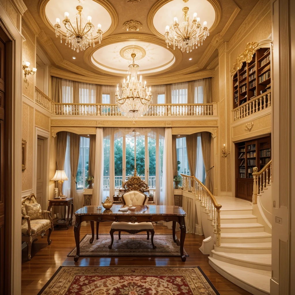 ,masterpiece, best quality,8k, ultra highres,Step into the duplex suite in my home,It's like traveling back in a fairytale!A brilliant crystal chandelier hangs from the high ceiling,Shining like a starry sky。The marble floor in the living room exudes the fresh floral scent,Indulge in soft cashmere carpets,It's like walking on a cloud。Spacious study,Straight bookshelves extend to the ceiling,Knowledgeable and tasteful。Look down,The flowing curtains flicker gently,Admire the lush flowers and plants in the courtyard through floor-to-ceiling windows。Curl up on a soft bed,Pull open the carved openwork veil,Look at the lights,My heart is full of yearning for a better life!