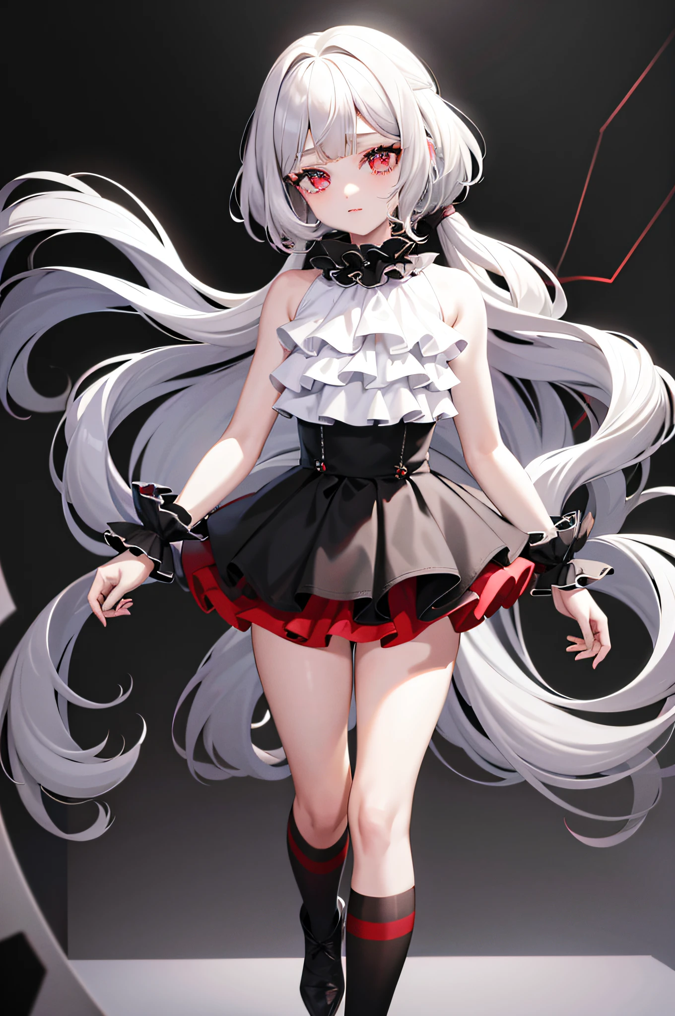 best quality, ultra high res, 1girl, sleeveless white button shirt, black skirt, black choker, cute, (Kpop idol), (aegyo sal:1), (platinum blonde hair:1), ((puffy eyes)), looking at viewer, full body, facing front