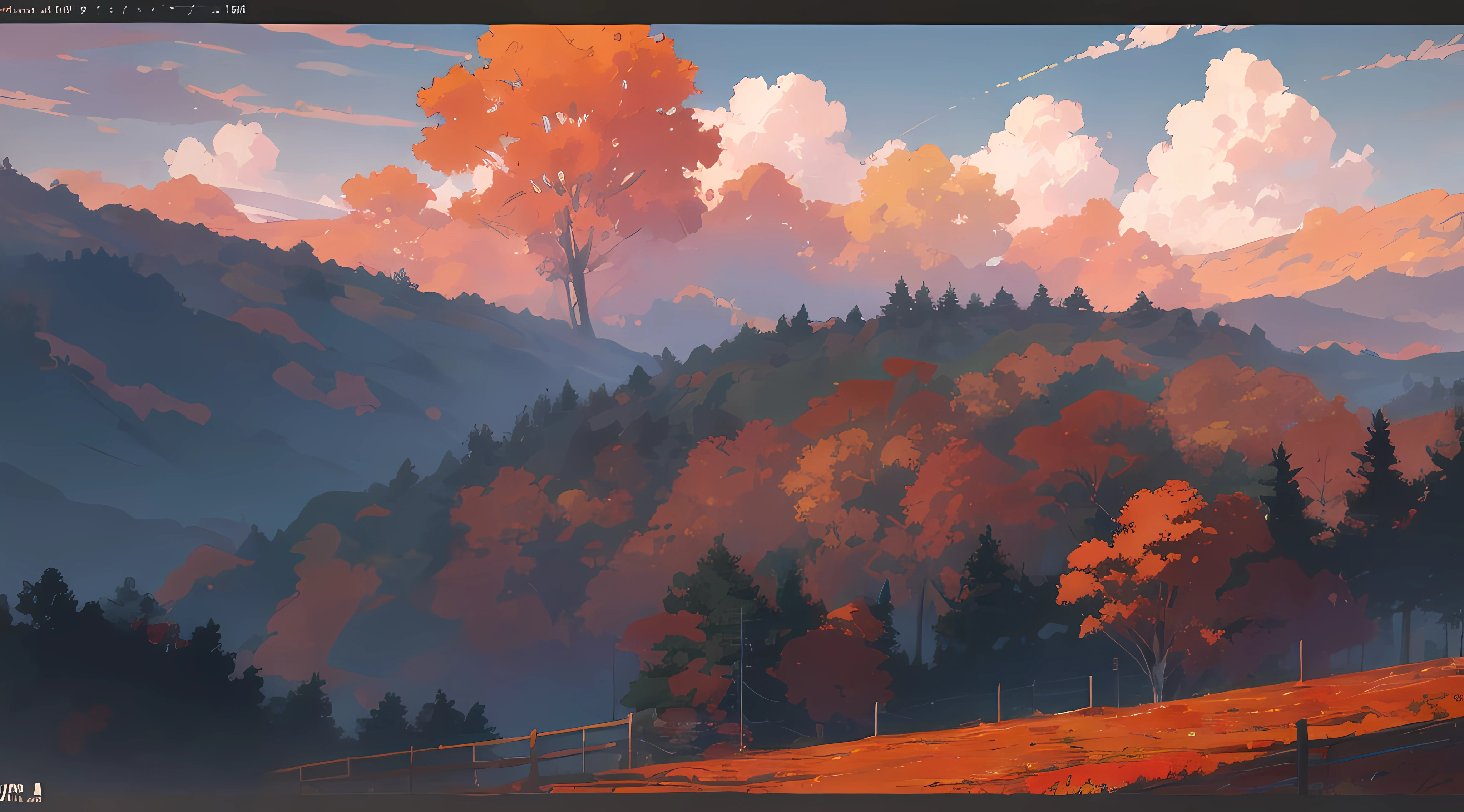 best quality, autumn, outdoors, brushwork, distant view, beautiful sky, colorful anime art, amazing visuals, beautiful anime artwork, ultrasharp, masterpiece, high res, 8k