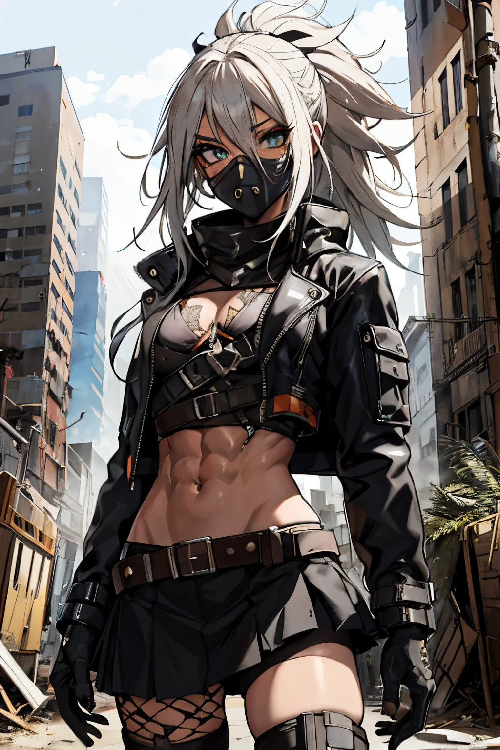 anime, wearing a gas mask, black gloves, ripped abs, exposed tummy, detailed, roupa de couro, black skirt, fivela de cinto em volta da cintura, casaco de couro, black bra exposed, tema punk, Mad Max, apocalyptic, apocalypse, deserto, Cidade abandonada, Cidade do desertoo , buildings in the background, cabelos brancos, cabelos longos, amarrado em um rabo de cavalo, olhos cianos brilhantes, boca e nariz cobertos, pele branca, anime