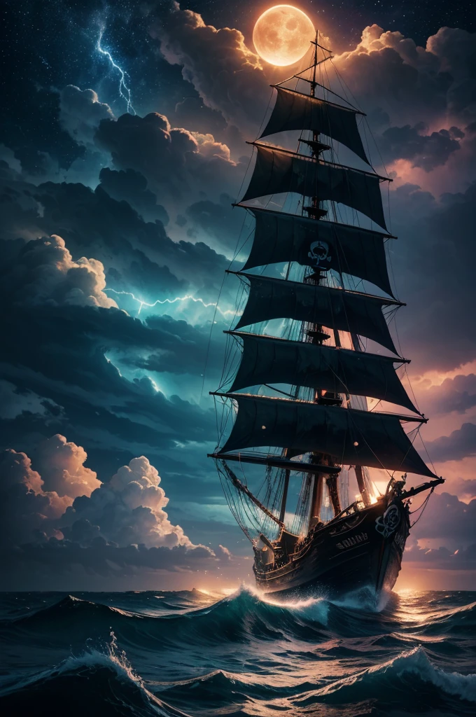 best quality, HDR, vibrant colors, realistic lighting, detailed waves, glowing jellyfish, sparkling stars, glowing moon, dramatic clouds, mysterious atmosphere, dramatic composition, ancient wooden ship, fearless pirates, skull and crossbones flag, billowing sails, stormy weather, crashing waves, lightning bolts, adventurous spirit, breathtaking view, magical experience.