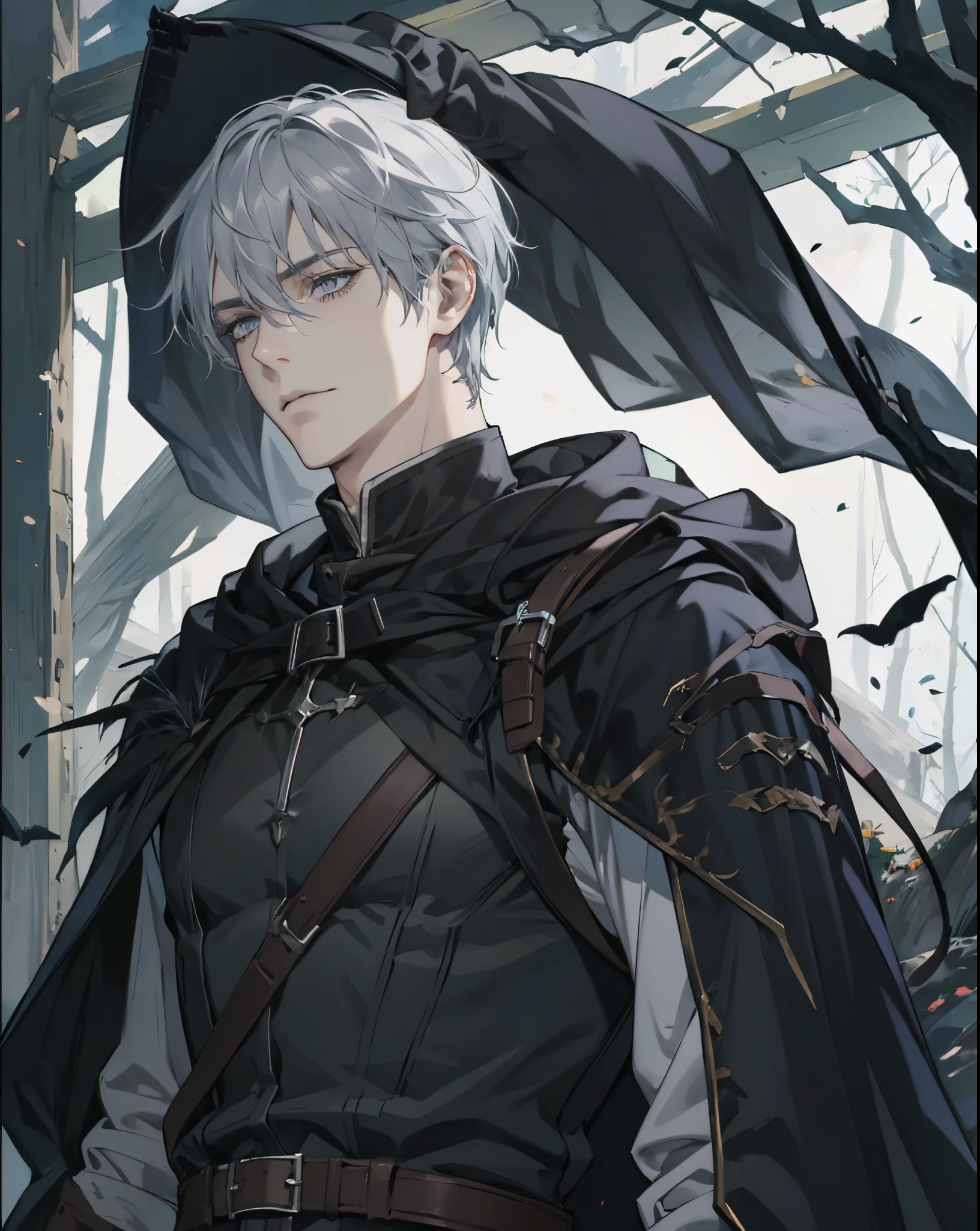 Anime character, a man, medieval era. Young man, 20 years old, large body, cold gaze, cold expression, white skin, short messy gray hair, ponytail, left eye patch, black clothes, black shirt, dark cape with hood, chains. front camera, advancing in a sea of blood. white electricity emanating from his body, black electricity emanating from his left hand. Right eye shining in a white ray. Thunderous white lightning. (best quality, 4k, 8k, high resolution, masterpiece: 1.2), vibrant and ultra-detailed colors, chiaroscuro lighting, dramatic pose, intricate details, fantasy, mystical, powerful