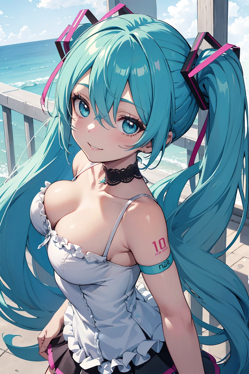 (Personnage de Hatsune Miku), Tosca couleur de cheveux, Longs poils à deux queues avec des poneys, Regarder la vue, Les yeux sur le paysage, Sourire fille de 10 ans, corps parfait, anatomie parfaite, Tosca couleur des yeux, Paupières doubles, énorme seins, clivage，Plan rapproché