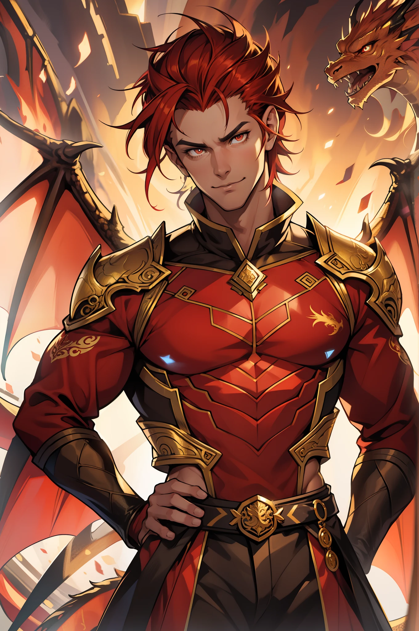 1 Handsome dragon man with bronzed skin,red tinted hair,short detailed hair,Golden pupils,ultra - detailed,(s fractal art:1.4), rich colourful, detailed back ground,There are dragon wings on the back(Fractals in the background:1.2),Put your hands in your pockets, hight contrast, Ray traching, cinmatic lighting, (Start from the front:0.6)full bodyesbian